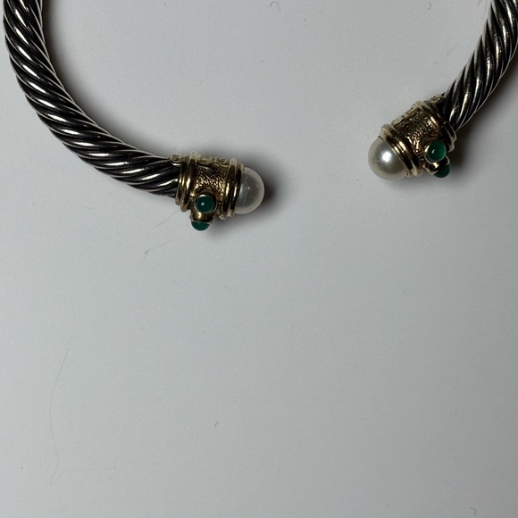 David Yurman Cable Cuff Bracelet Sterling Silver 14K Gold w/ Pearls/Emeralds 5mm - Picture 13 of 16